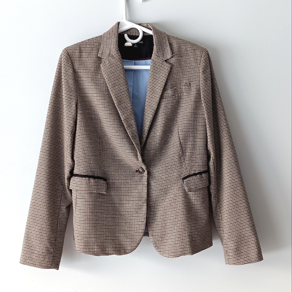 British Khaki Blazer Tweed Single Button Elbow Patch Beige Brown Green Medium